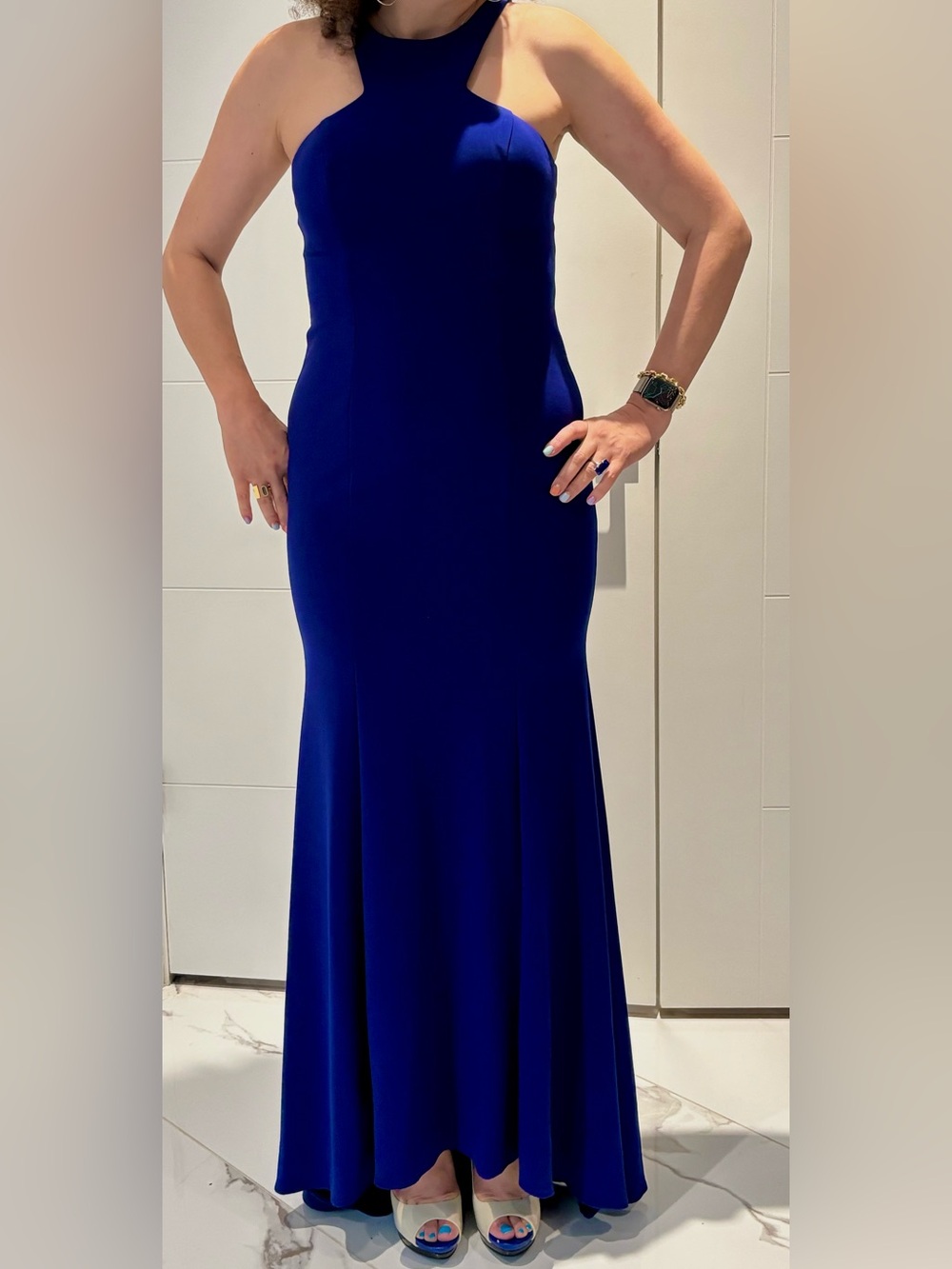 Xscape Royal Blue Backless Maxi Gown